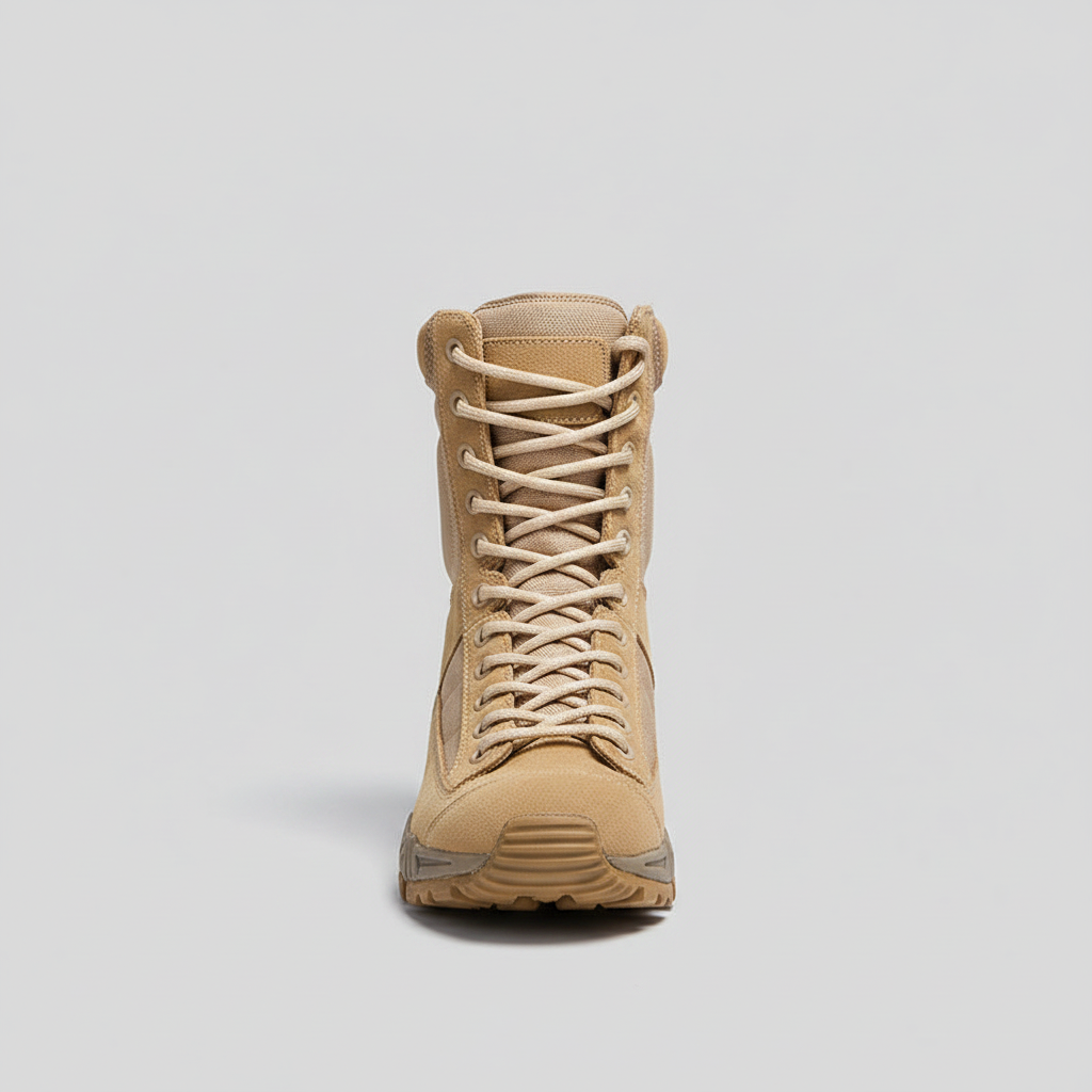 A single mid-cut tactical boot in tan suede and synthetic fabric, shown from the front on a light gray background.