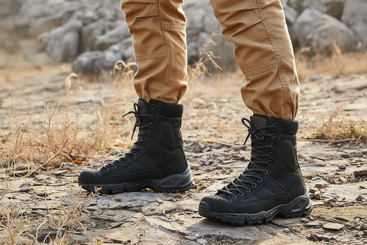 A person wearing tan tactical combat boots and matching cargo pants standing outdoors on rocky ground with dry grass and blurred rocks in the background.