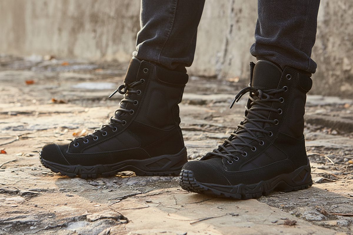 A pair of black tactical combat boots worn with dark gray jeans, standing on a textured stone pavement.