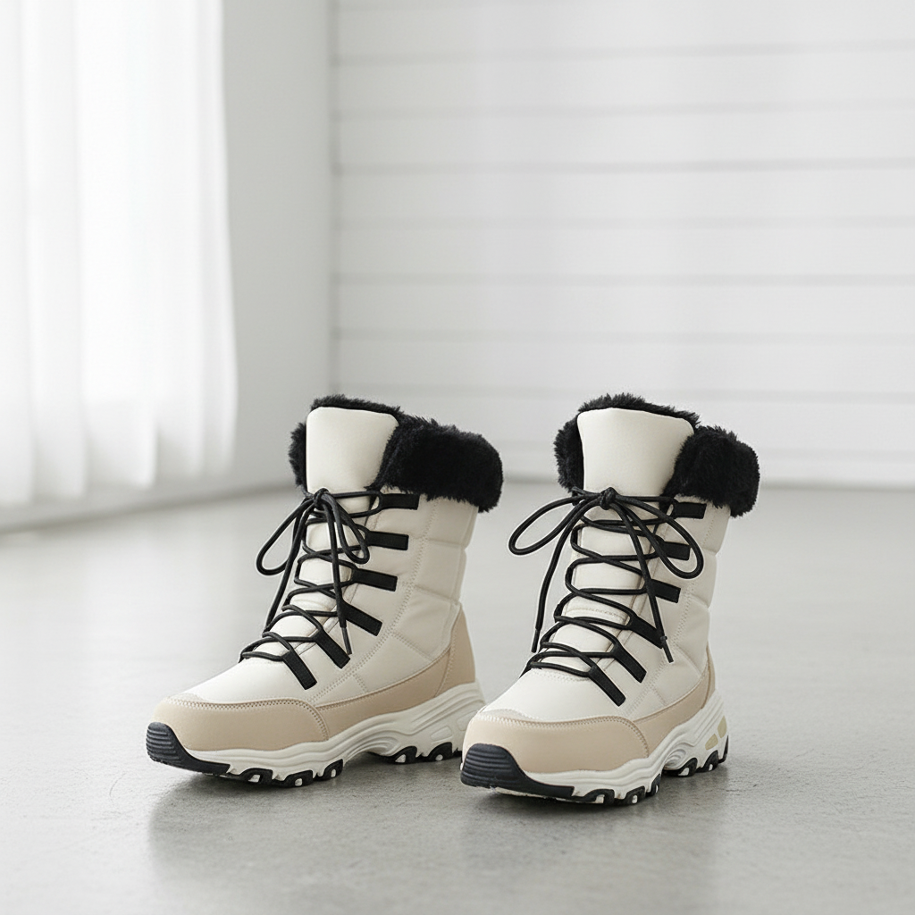 A pair of women's mid-calf lace-up winter boots in off-white and beige, featuring black faux-fur trim at the collar, black laces, and black outsole detailing, photographed on a light gray floor in a bright indoor setting.