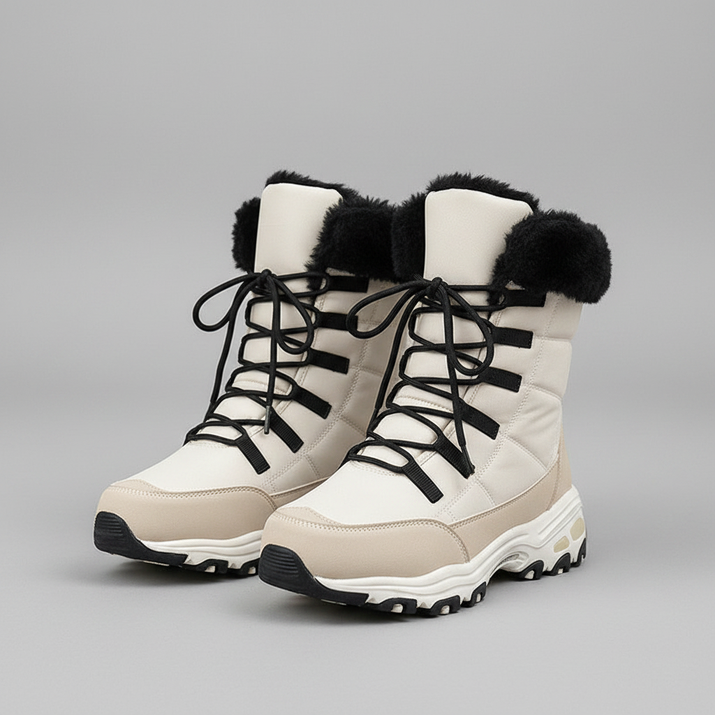 A pair of mid-calf winter lace-up boots in off-white and beige, featuring black faux-fur trim at the collar, black laces, and a chunky black-and-white lug sole, shown on a neutral gray background.