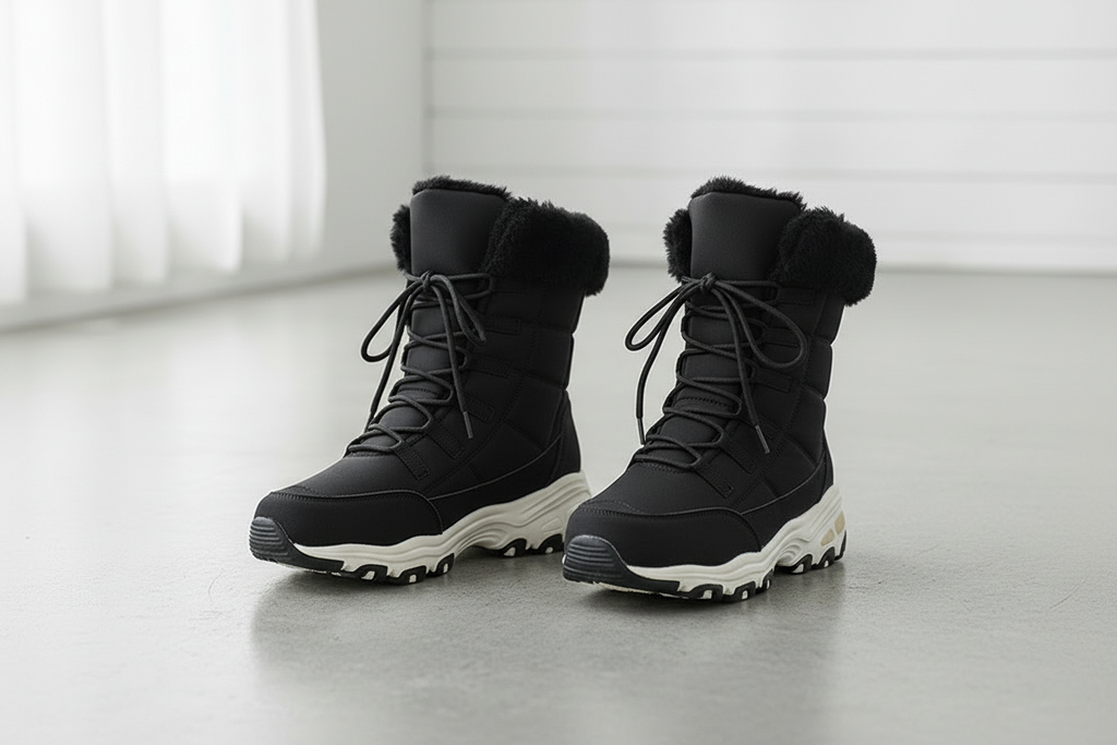 A pair of black winter lace-up boots with plush faux-fur trim at the collar, shown on a light gray floor against a white paneled wall.