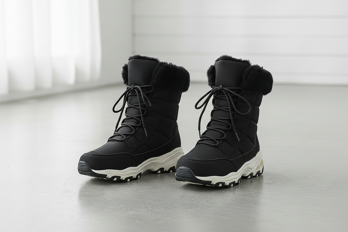 A pair of black winter lace-up boots with plush faux-fur trim at the collar, shown on a light gray floor against a white paneled wall.