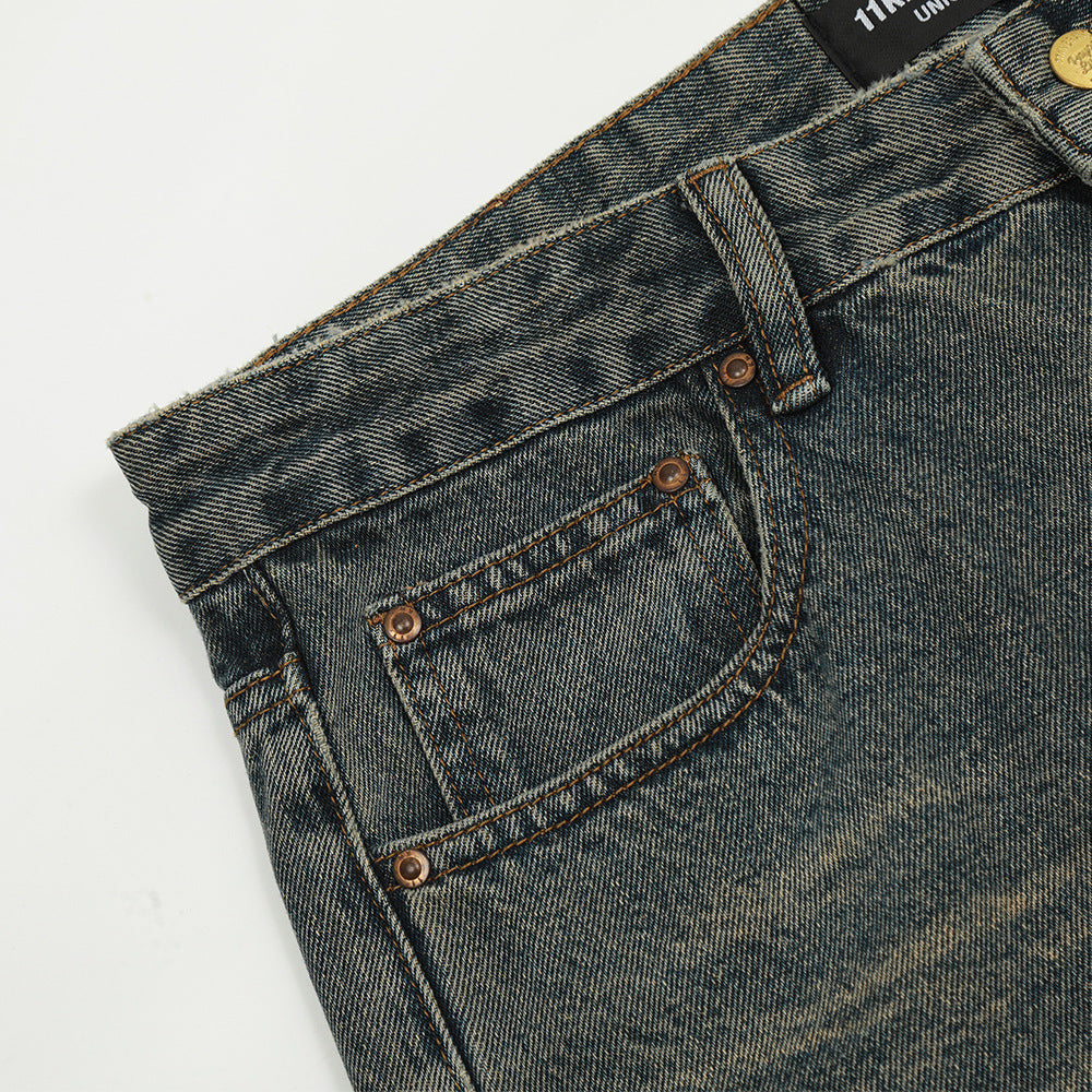 Men’s Washed Yellow Straight Leg Jeans – Vintage Denim Fit