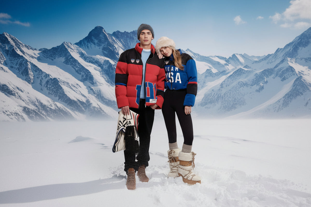 Two models posing in front of a snowy mountain backdrop, wearing matching red, black, and blue puffer jackets with 'USA' lettering, black pants, and winter boots.