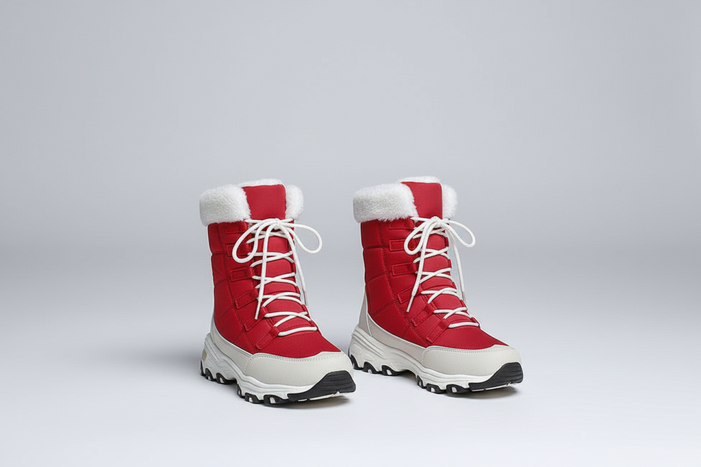 A pair of red winter boots with white faux-fur trim, white laces, and chunky off-white midsoles with black lugs, photographed on a light gray studio background.