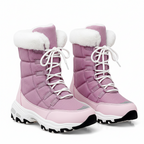 A pair of women's mid-calf winter boots in lavender purple and light pink, featuring white faux-fur trim at the collar, white laces, and a chunky white and black sole, shown on a white background.