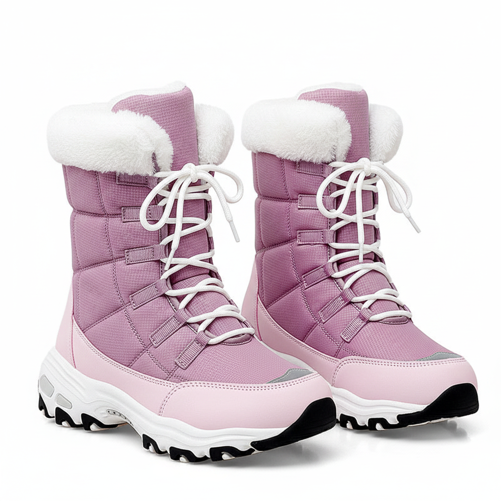 A pair of women's mid-calf winter boots in lavender purple and light pink, featuring white faux-fur trim at the collar, white laces, and a chunky white and black sole, shown on a white background.