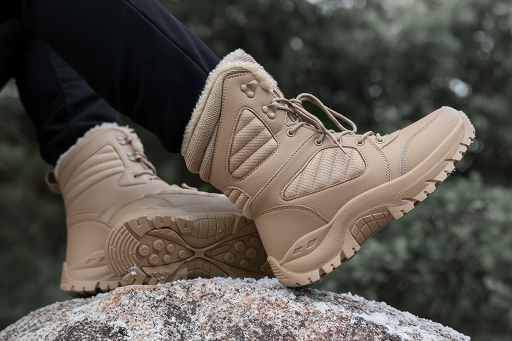 A pair of beige tactical winter boots with a soft fleece lining, shown being worn outdoors on a rock with a blurred forest background.