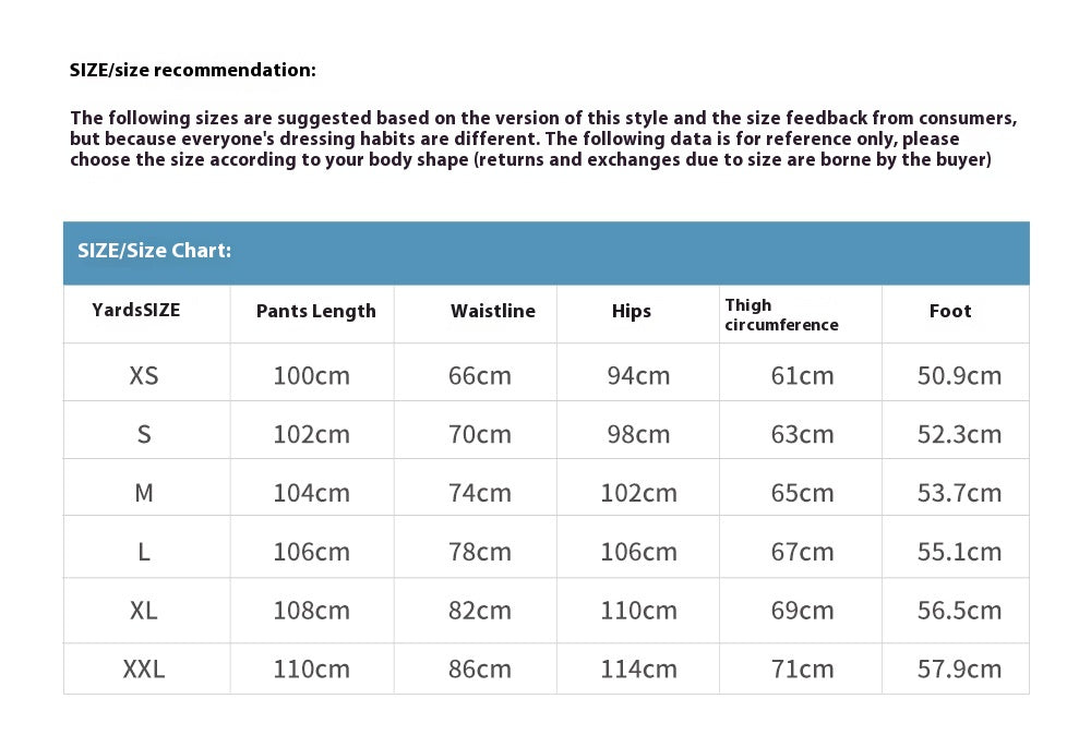 Size chart for pants with measurements in centimeters