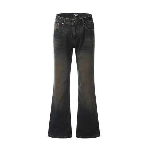Black flared jeans on a white background