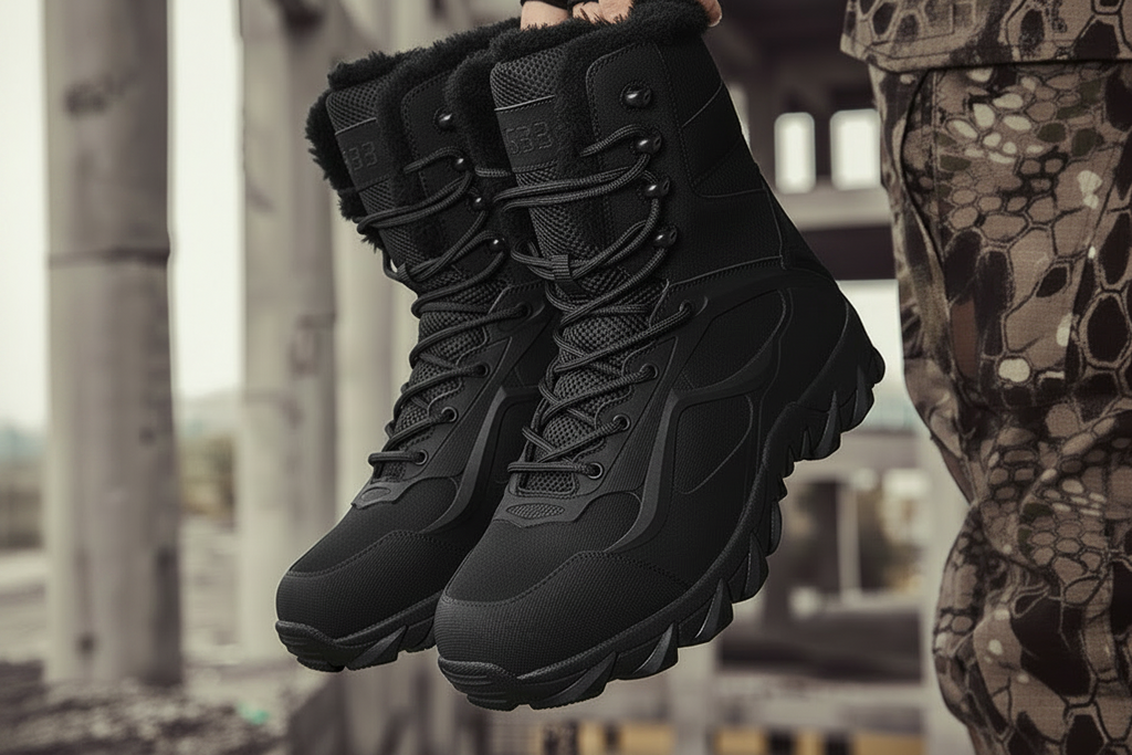 A pair of black winter combat boots with white faux-fur trim at the collar, held up by a person wearing camouflage pants in an outdoor urban setting.